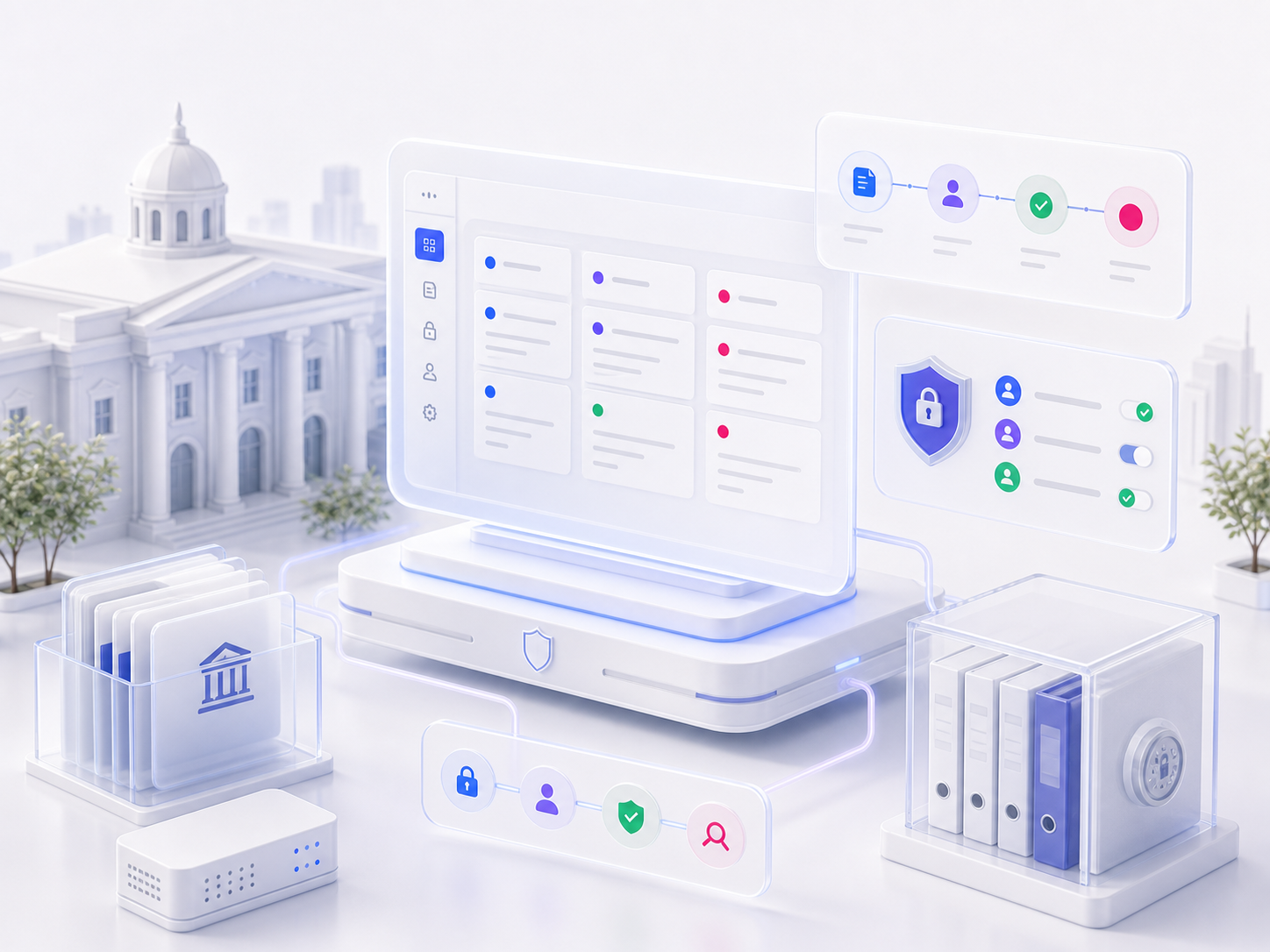 Illustration minimaliste d'un environnement institutionnel avec documents et accès maîtrisés